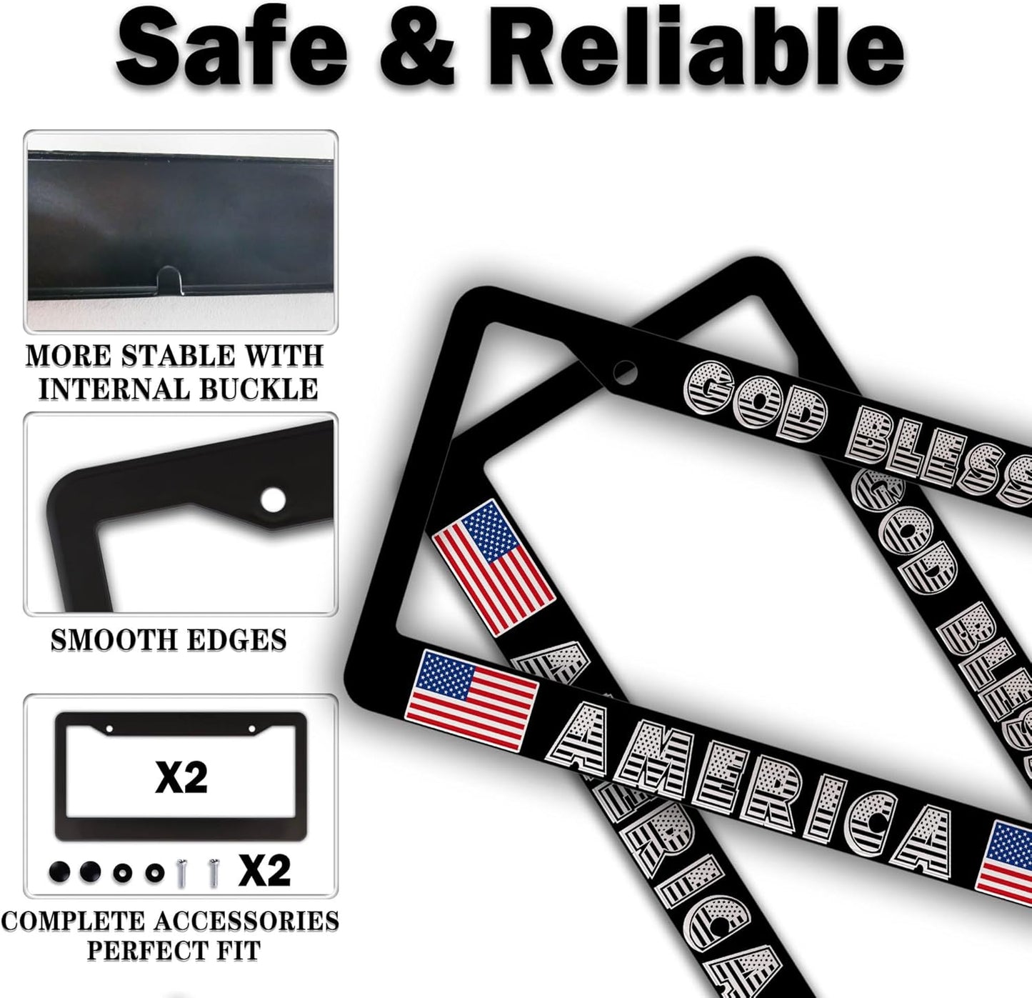Car Plate Frame for Men Black and White License Plate Frames for Women God Bless America Aluminum Metal Car Accessory 2 Pack with Screw Covers Set