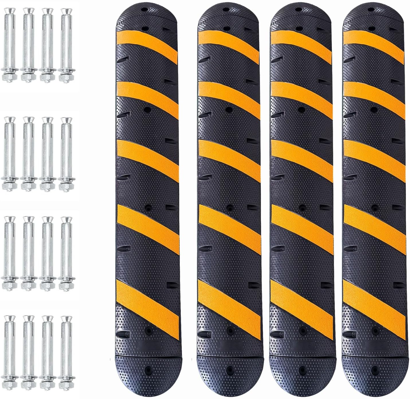 4 PCS 6FT Speed Bumps Wite End for Road, Heavy-Duty 25,000 lbs Capacity Traffic Rubber Speed Humps with 2 Channel Floor Cord Cover for Asphalt Concrete Gravel Driveway Road (4)