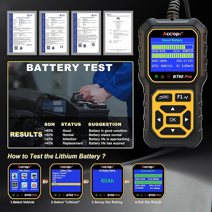 BT60 Pro Car Battery Tester, Digital Analyzer with Cloud Printing, 100-3000 CCA Range for 6V/12V/24V AGM, Lithium, Gel Batteries, Automotive Charging System