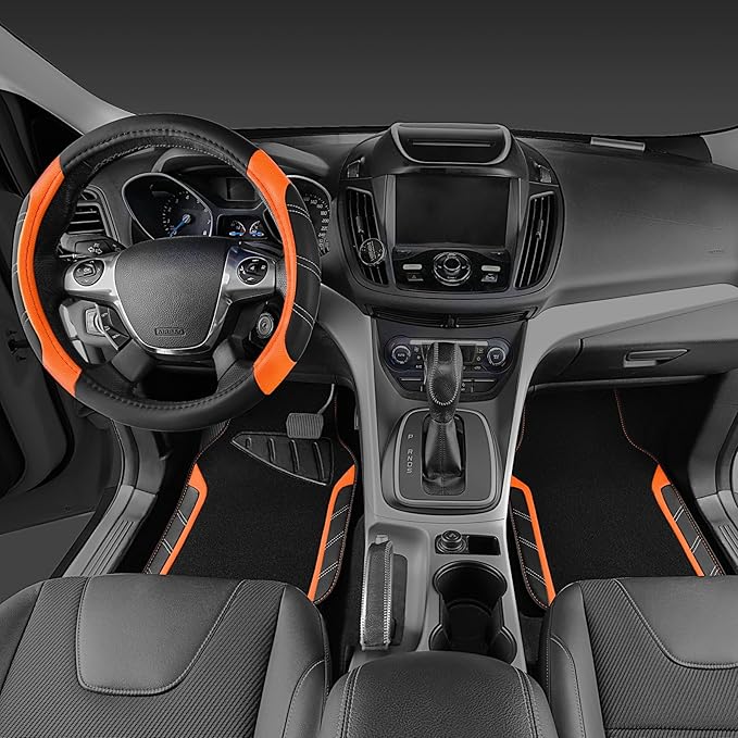 CAR PASS Leather Steering Wheel Cover and Waterproof Car Floor Mats,Microfiber Universal Car Combo Fit for 95% Sedan SUV Van Truck,14.5-15inch Sporty Anti-Slip Safety Comfortable Design, Black＆Orange