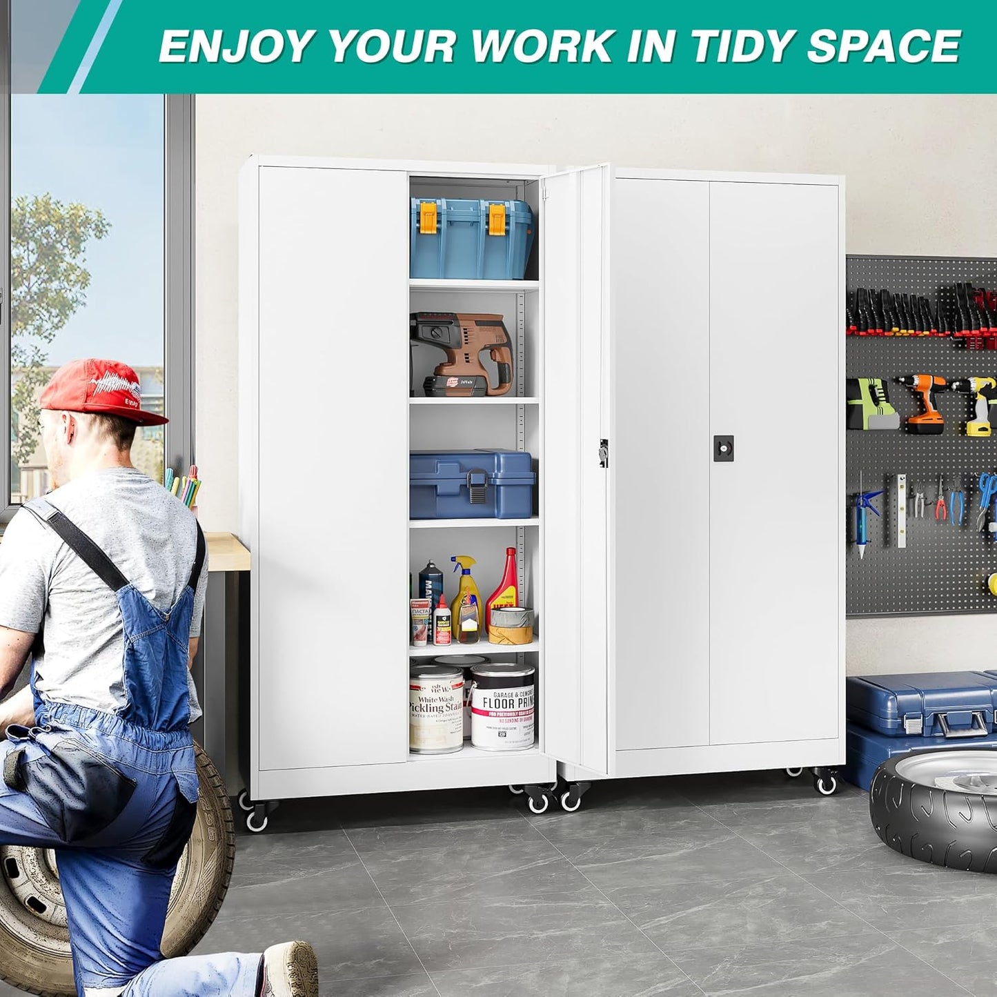 75" Tall Metal Storage Cabinet with Wheels,Rolling Garage Storage Cabinet with Lock,White Metal Cabinets with Wheels and Shelves,Tool Cabinets on Roller for Garage,Home,Office,Shop