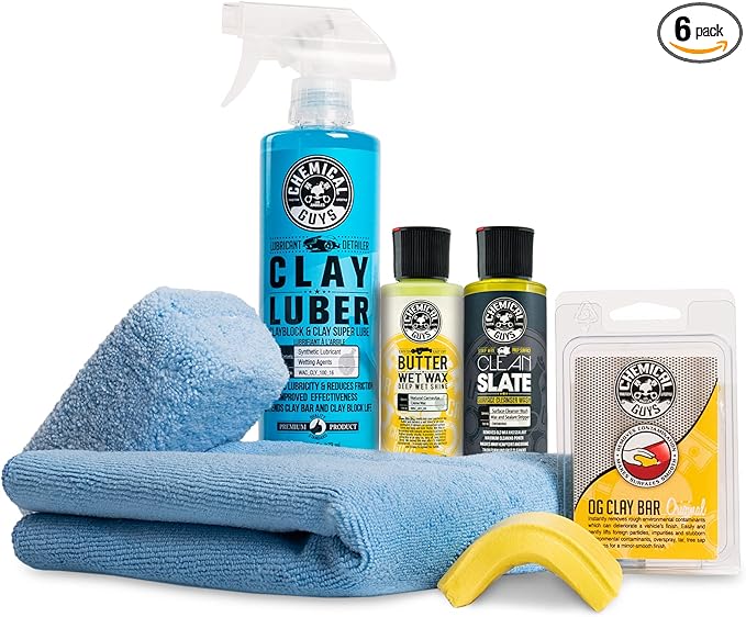 Chemical Guys Complete Clay System - Clay Bar and Lubber Combo with Accessories for Smooth Paint Finish - Removes embedded dirt, Overspray, and Fallout - 6 Item Kit