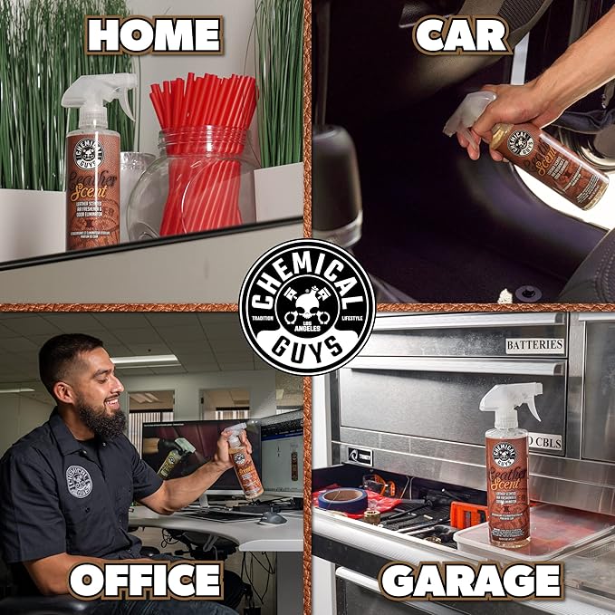 Chemical Guys Leather Scent Premium Air Freshener & Odor Eliminator – Car Air Freshener Leather Scent– Eliminates Odors and Refreshes Cars, Trucks, SUVs and RVs, 16 oz