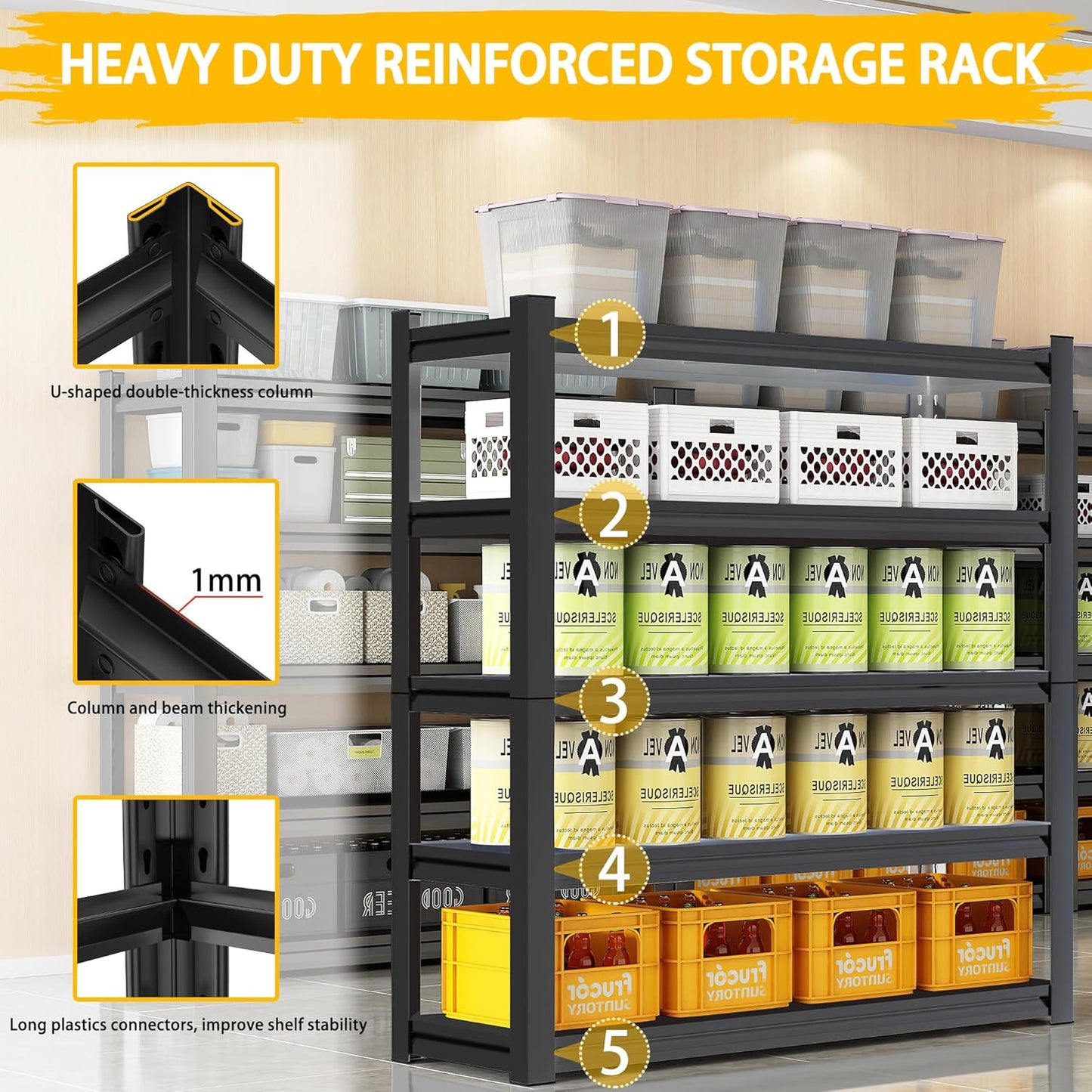 3020LBS Standing Shelf Units 72" H x 48″W x 20" D,Heavy Duty Garage Shelving Units and Storage, 5-Tier Metal Shelves, Storage Rack for Garage Organization, Basement, Workshop, 1Pack