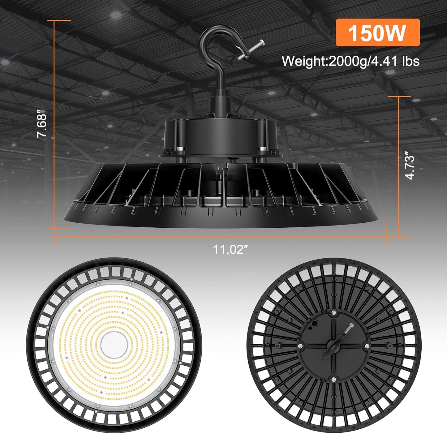 4Pack LED High Bay Lights, Super Bright 150W UFO High Bay LED Shop Lights, 22500LM 5000K, 0-10V Dimmable, 5' Cable Plug, IP65 Waterproof, ETL Listed Plug & Play Lighting for Factory Warehouse