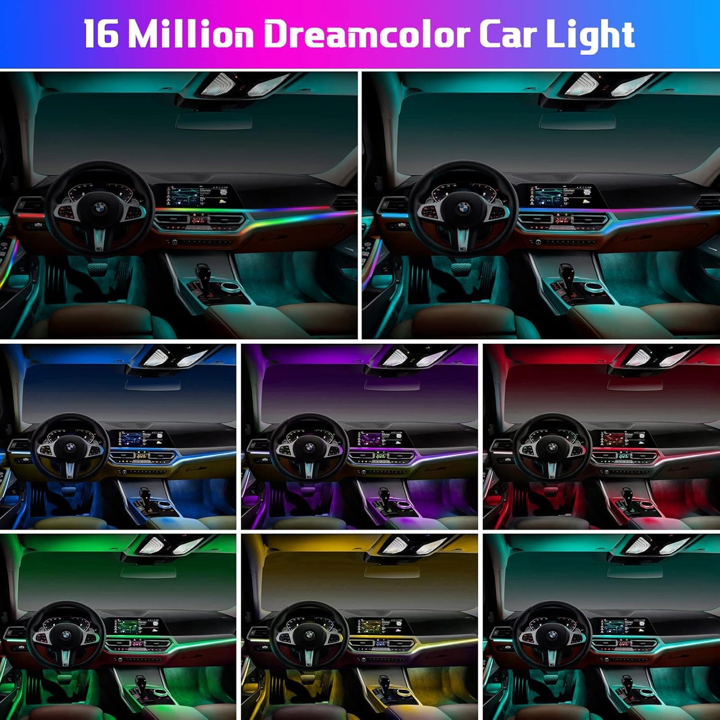 Interior Car LED Strip Lights, Acrylic LED Lights for Car with Wireless APP Dynamic Dreamcolor Chasing 6 in 1 Ambient Lighting Kits, 175 inches 593 LED Sound Active Function Neon Lights