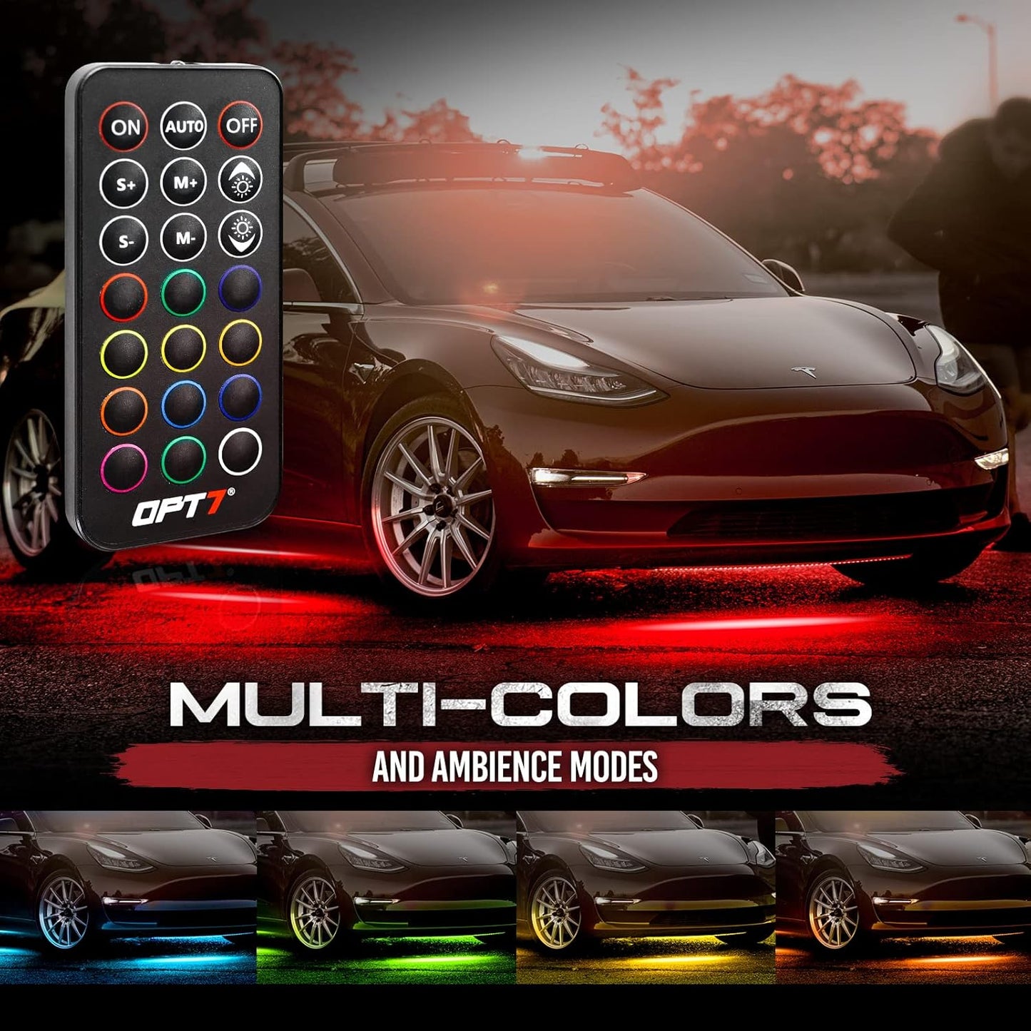 OPT7 Aura Flexible Underglow Car Lights with APP & Remote Control, Exterior Neon Accent Underbody Lighting Kit, 4 PCS RGB LED Light Strips for Cars Trucks RV, Waterproof, Multi Colors Music Mode, 12V