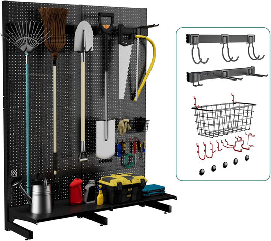 JWX Garage Pegboard Tool Organizer Free Standing, Organizer Storage Rack with 21 Pegboard Storage Set Max 300 lbs Super Heavy Duty Garden Tool Hanger Rack for Ski Gears, Broom, Shovel Yard Tools