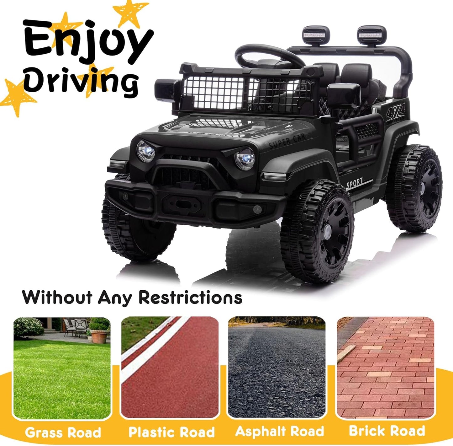 24V Ride on Toys with Parents Control, Ride on Truck Car with Four-Wheel Suspension, Electric Vehicles for Kids, Power Display, Bluetooth, MP3, Music, LED Headlight, 1.86-3.11MPH (Black)