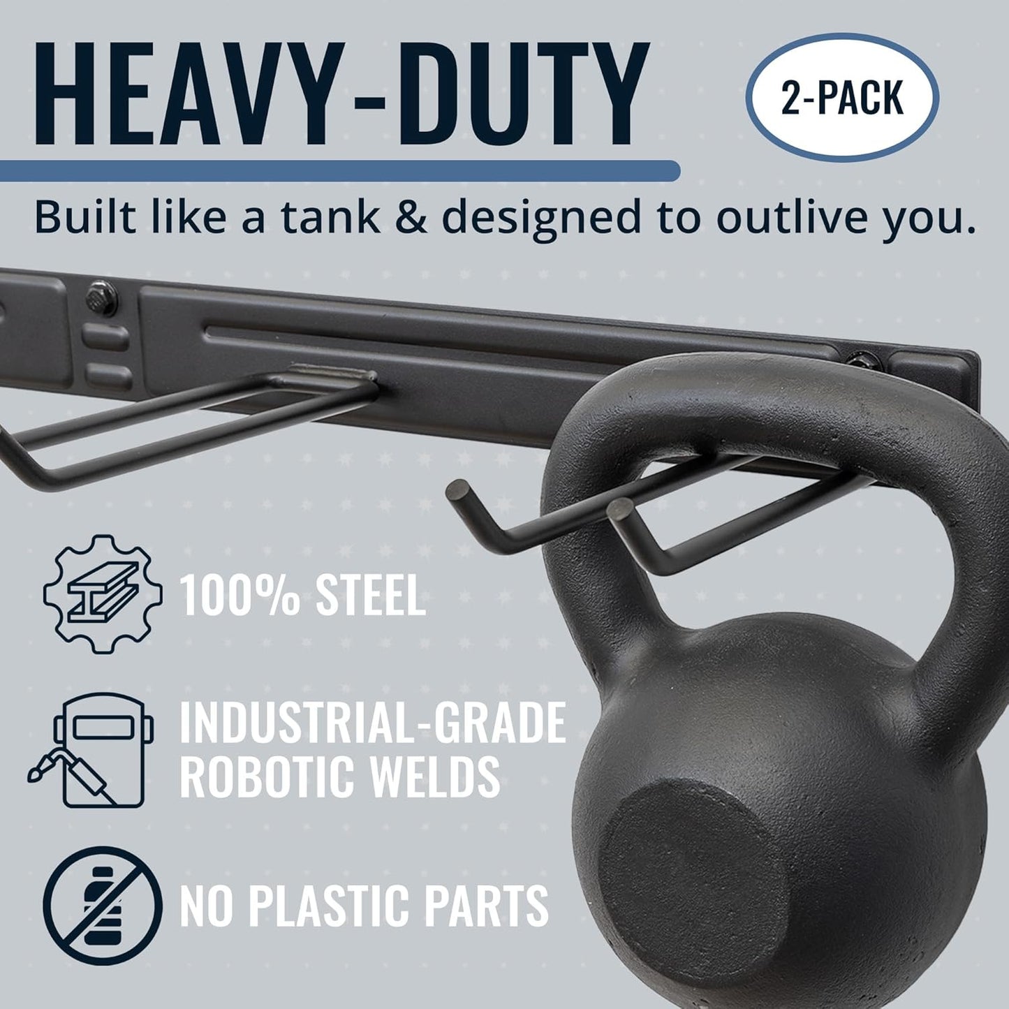 StoreYourBoard Wall-Mounted Rack With 4 Garage Hooks – Heavy-Duty Steel Holder Garage & Garden Storage for Shed, Workshop, or Home Organization – For Rakes, Shovels, Tools & More – 2 Pack, Gray