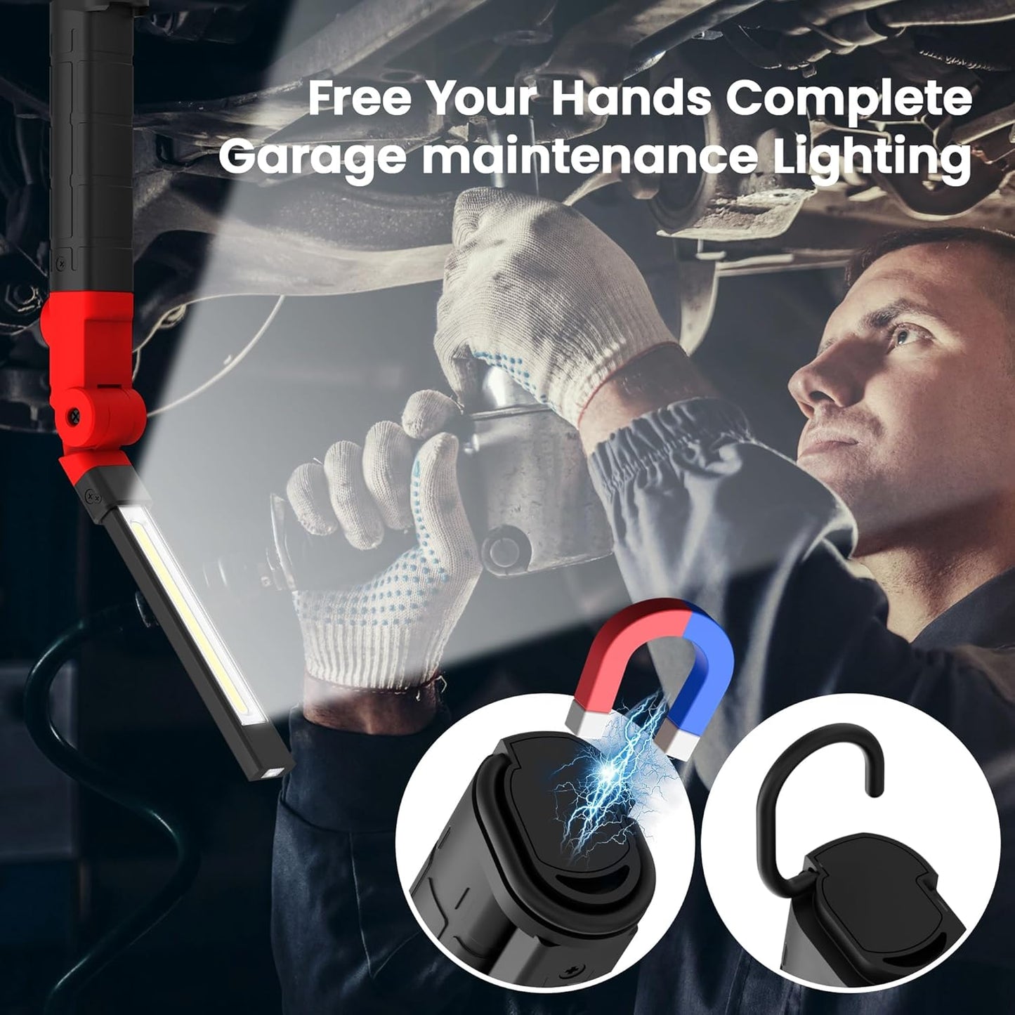 Rechargeable Work Light 2200mAh Magnetic LED Work Light Flashlight Mechanic Light Tool Gifts for Men Him, Foldable Lamp with Hook for Car Repair Emergency BBQ Grill