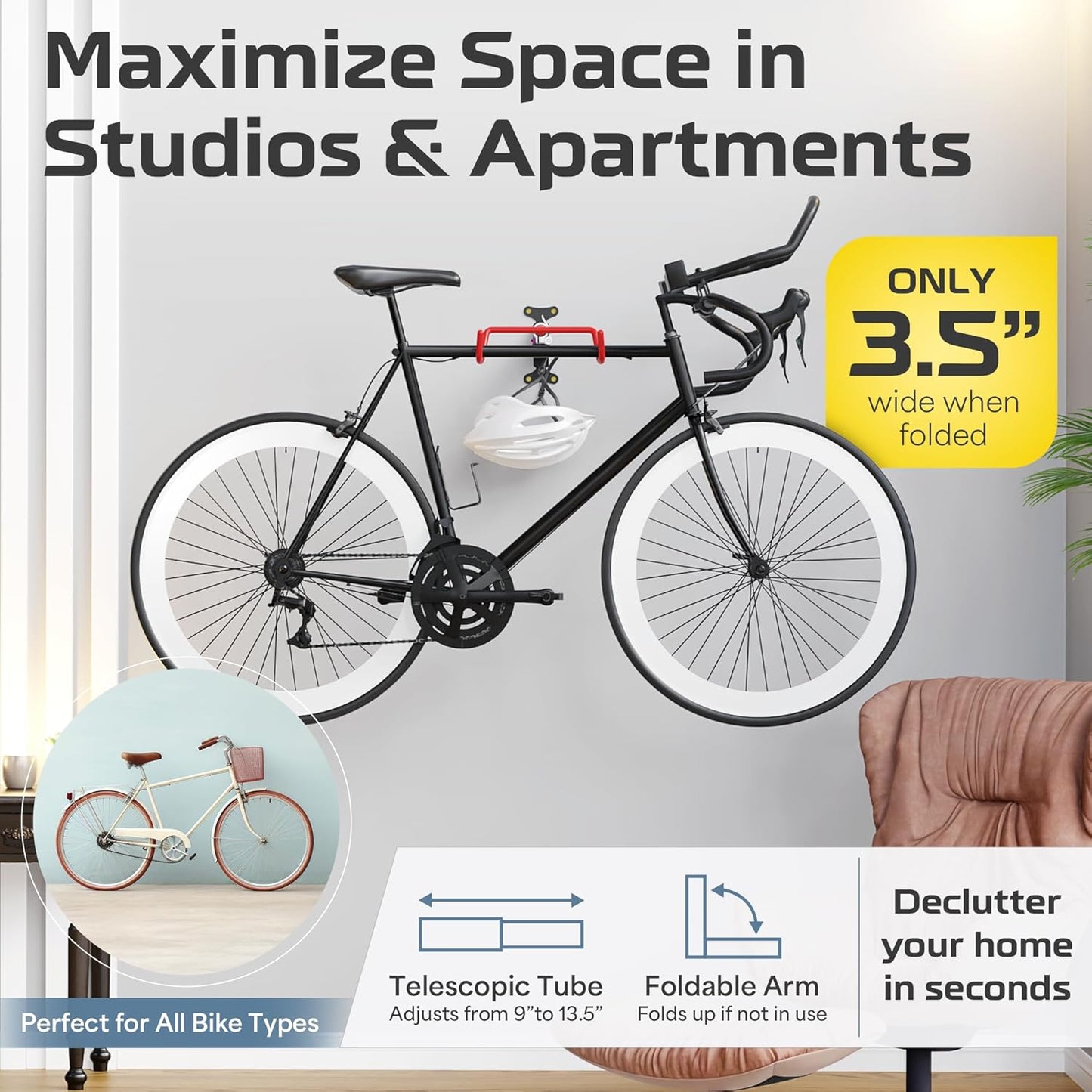 UrbanMount Wall Mount Bike Rack Garage - Mountain Bike Wall Mount Horizontal Vertical Design with 66lbs Cap, Screws, Installation Manual - Secure Road Cycling Holder Storage, Bicycle Hanger for Home