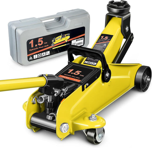 DNA MOTORING Low Profile Hydraulic Trolley Service/Floor Jack, 1.5 Ton (3000 lbs) Capacity, Lifting Range 5.3"-12", Yellow, TOOLS-00326-YL
