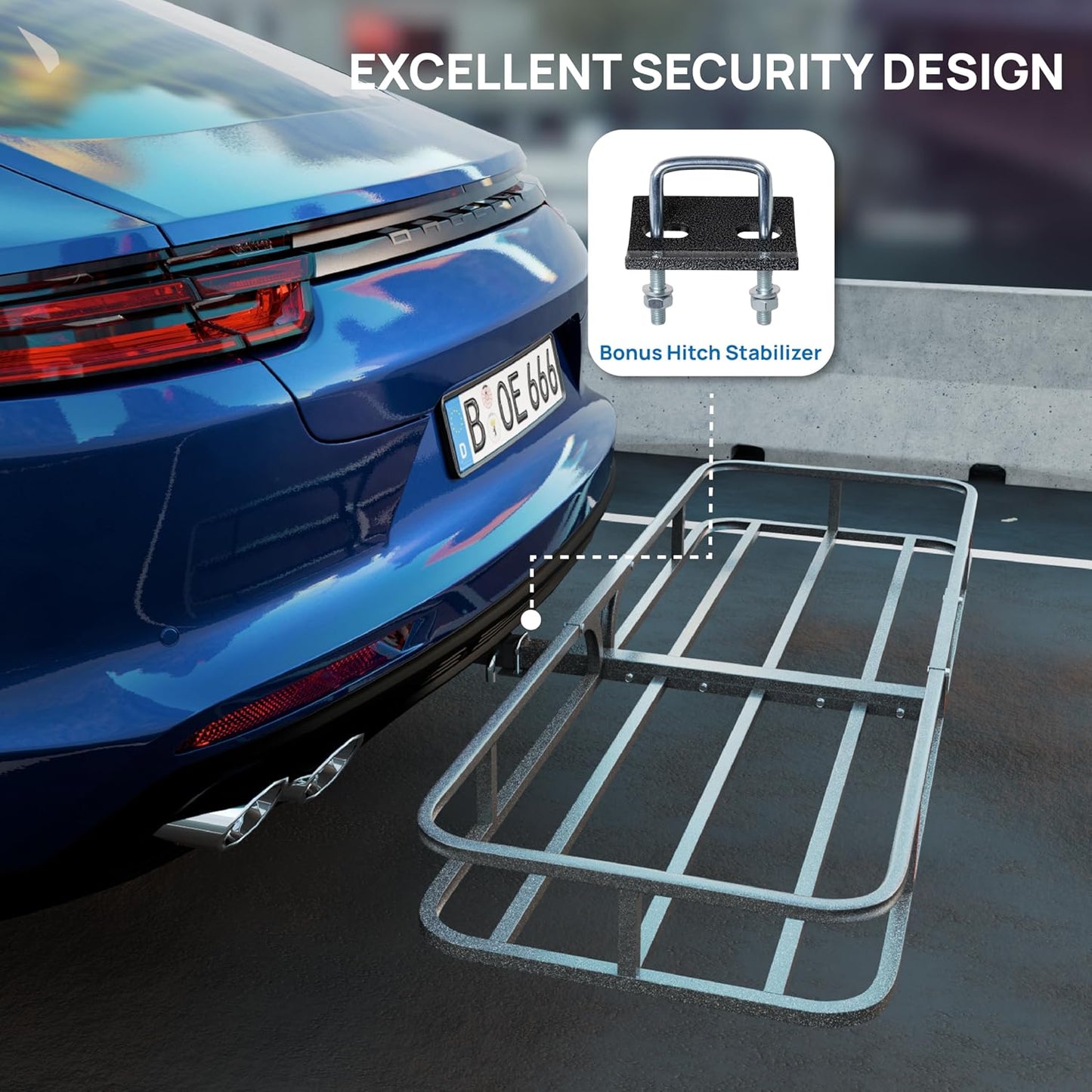 Bonnlo 54''X 19''X5.5'' Hitch Mount Cargo Carrier Basket with Stablizer and Straps, 500 LBS Capacity Rear Luggage Rack Basket Fits Sedan, SUV, TAN