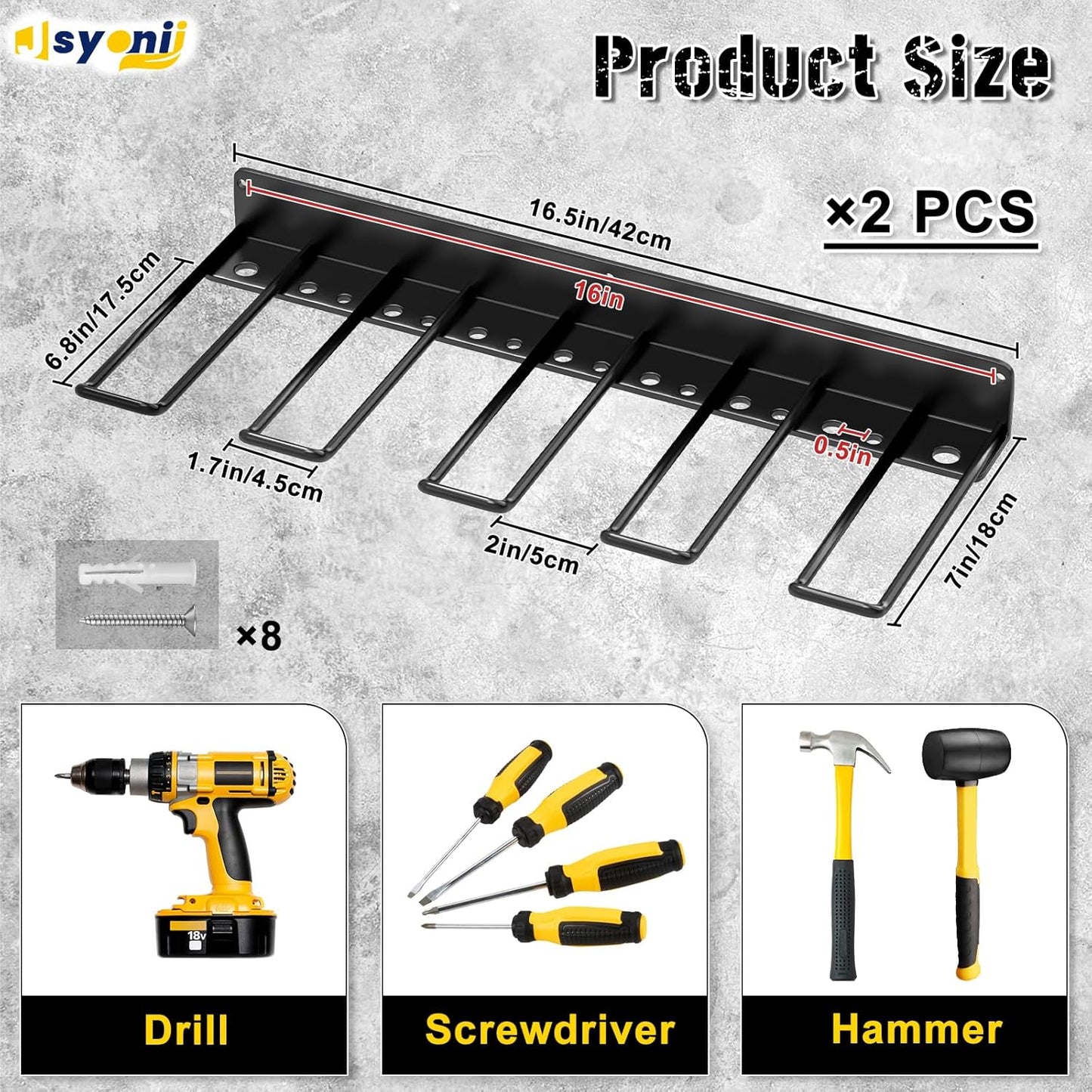 Drill Holder Wall Mount, Power Tool Organizer, Heavy Duty Metal Tool Storage with 8 Drill Racks for Garage Workshop Shed Pegboard Basement, 2 Pcs