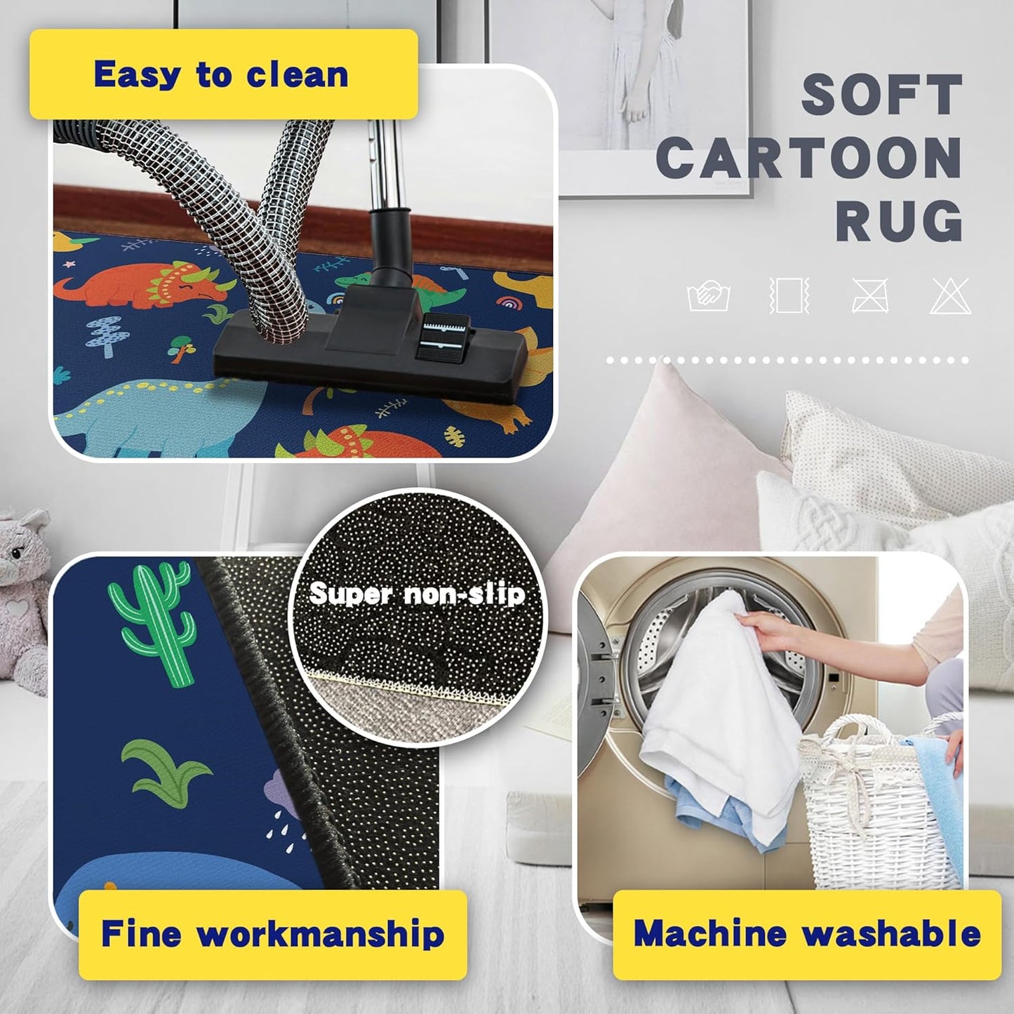 Cute Cartoon Dinosaur Rug for Boys Bedroom 59"x39" Bedroom Playroom Decor for Kids Lovely Dinosaur Animal Pattern Carpet Blue Rug Non-Slip Washable