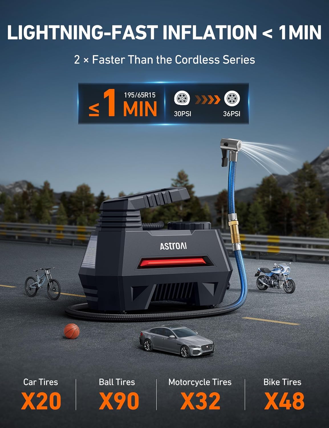 AstroAI Tire Inflator Portable Air Compressor Tire Air Pump for Car Tires - Car Accessories, 9.8Ft Cord-12V DC-Powered Auto Pump with Digital Pressure Gauge, LED Light for Bicycle, Balloons, Red