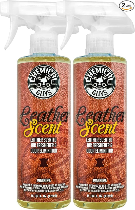 Chemical Guys AIR_102_1602 Leather Scent Premium Air Freshener and Odor Eliminator, Long-Lasting, Just Like New Scent for Cars, Trucks, SUVs, RVs & More, 16 Fl Oz (2 Pack)
