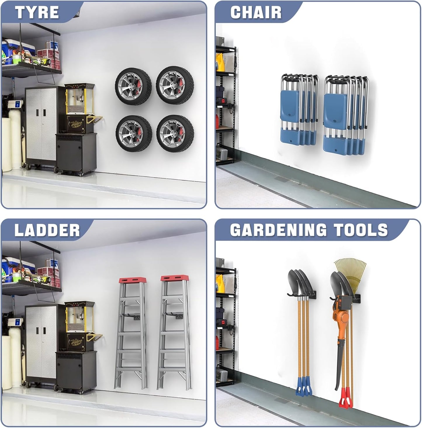 WALMANN Garage Hooks, Heavy Duty 12-inch Wall Hooks for Hanging, Tool Hangers for Car Tires, Ladders, Folding Chairs, Strollers, Garden Tools (Pack of 2)