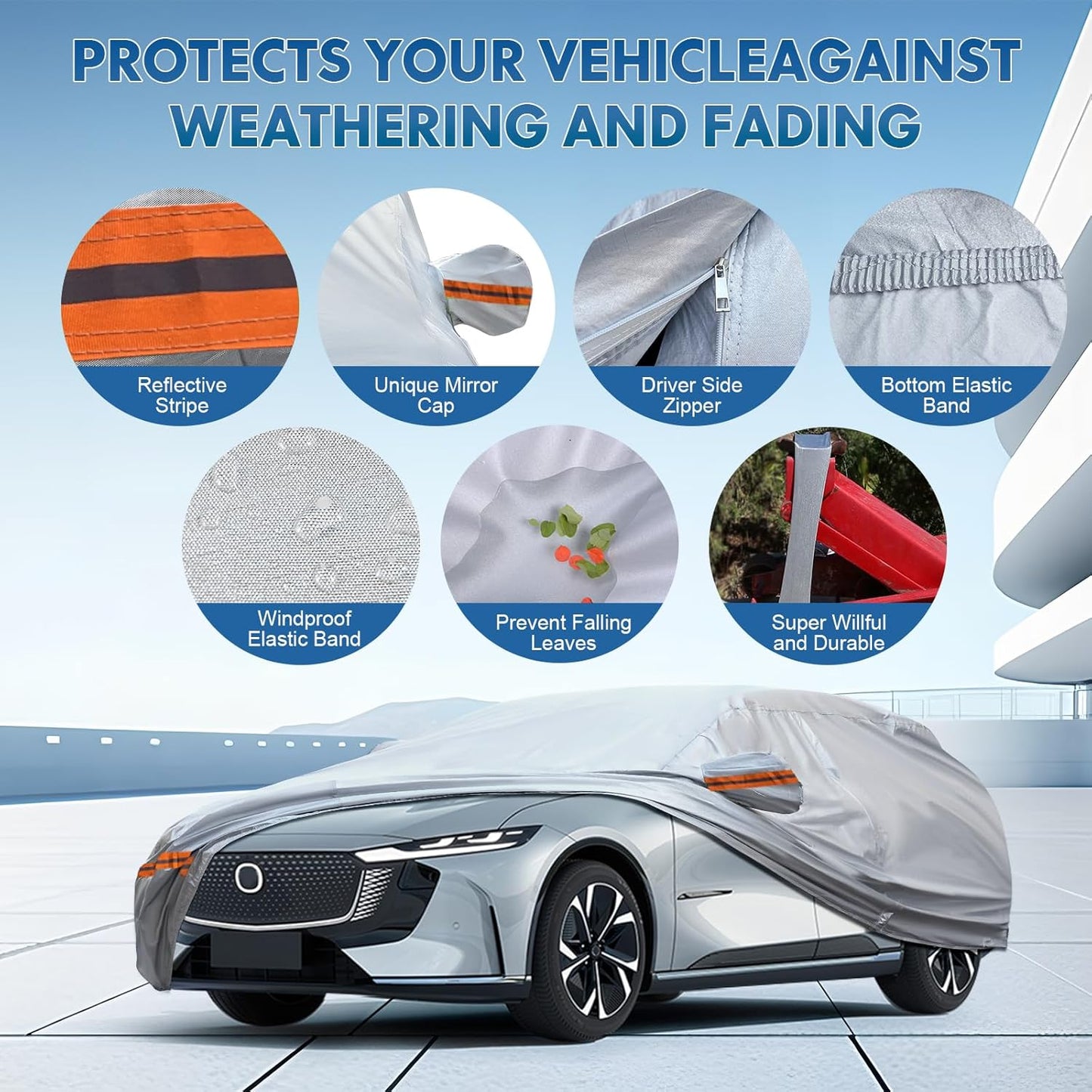 KEYOOG 6-Layer Full Car Cover is All-Weather Waterproof, All Seasons, Snow Prevention Rainproof, Acid Rainproof, Sunscreen, Ultraviolet-Proof, Fits Hatchbacks up to 173 ", Orange Reflective Strip