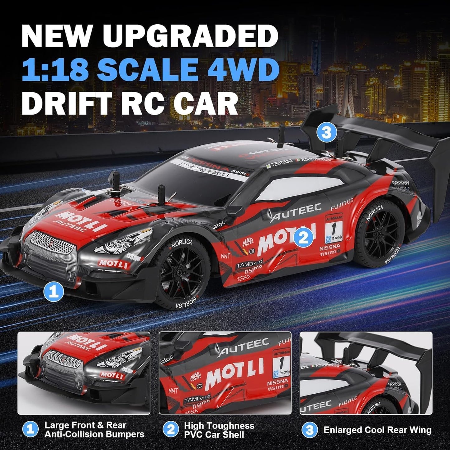 RC Drift Car, 1:14 Scale GTR Model, 4WD 28KM/H High Speed Remote Control Racing, 2.4GHz Electric Sport Drifting Car with LED Lights Speed Adjustment Gifts for 6+ Kids and Adults