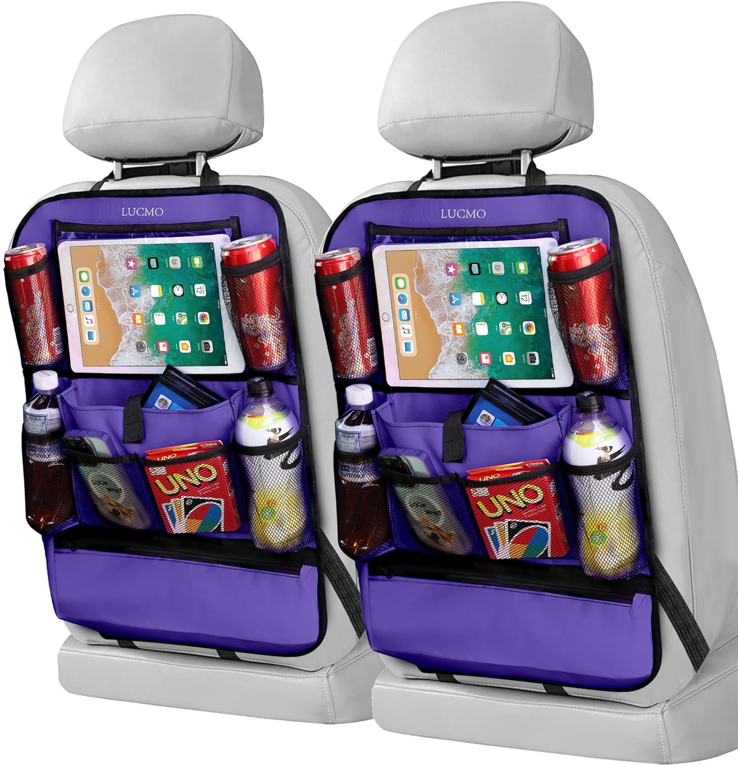 LUCMO Car Backseat Organizer with Touch Screen Tablet Holder-2 Pcs,9 Storage Pockets Car Storage Organizer Protectors Kick Mats Travel Accessories for Kids-Purple