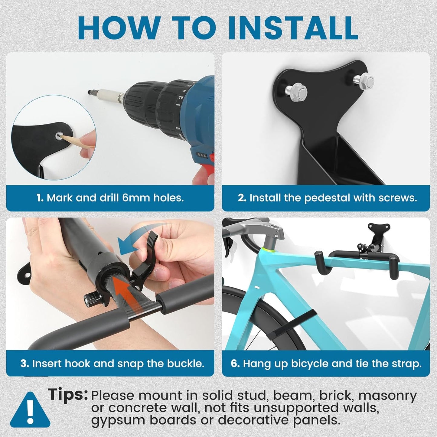 Bike Wall Mount - [2 Pack] EVA Foam Padded up to 48.5 lbs, Carbon Steel, Valve Mechanism, Heavy-Duty Adjustable Bike Wall Hanger for Road, Mountain and Hybrid Bikes, Garage & Apartment