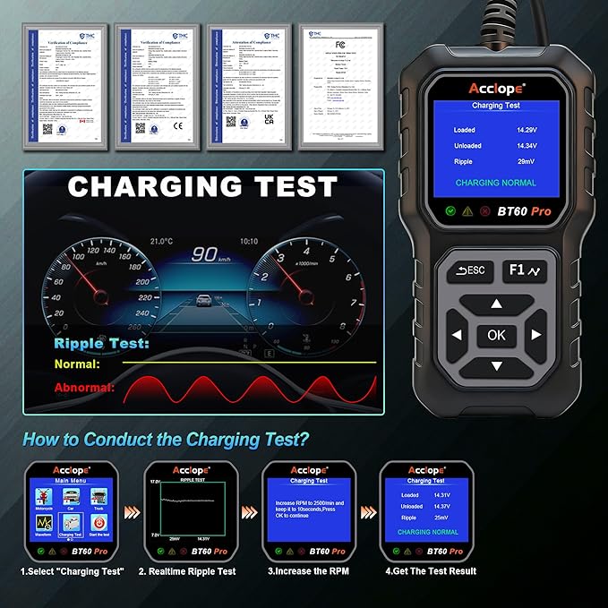 BT60 Pro Car Battery Tester, Digital Analyzer with Cloud Printing, 6V/12V/24V Battery Checker for AGM, Lithium, Gel Batteries, 100-3000 CCA Range, Automotive Charging System