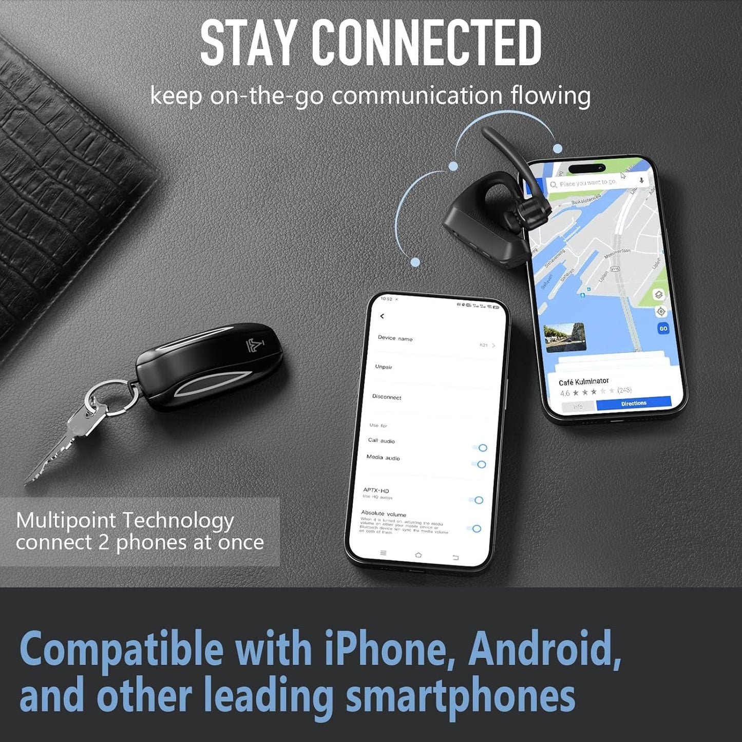 Conambo Bluetooth Headset 5.2 with CVC8.0 Dual Mic Noise Cancelling Bluetooth Earpiece 16Hrs Talktime Wireless Headset for Truck Driver iPhone Android Cell Phones