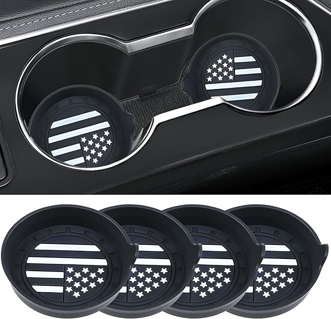 Amooca Car Cup Coaster Universal Non-Slip Silicone Cup Holder Insert Car Interior Accessories for Drink American Flag US Flag 4 Pack Black