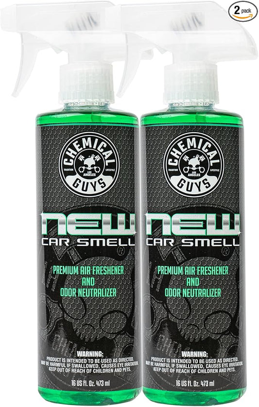 Chemical Guys AIR_101_1602 New Car Smell Premium Air Freshener and Odor Eliminator, Long-Lasting Scent, Great for Cars, Trucks, SUVs, RVs & More, 16 fl oz (2 Pack)