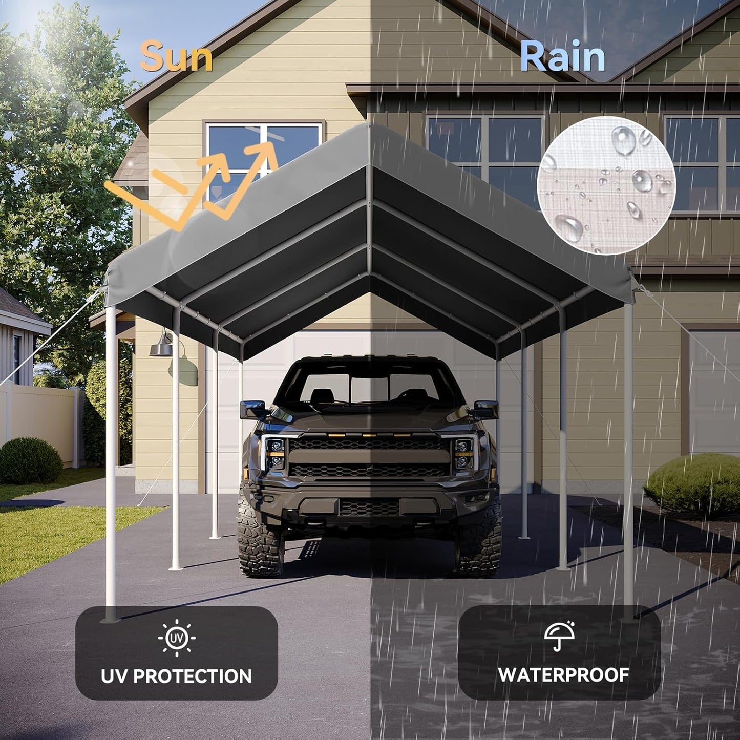 Aoxun 10x20 ft Heavy Duty Carport with Tarp & Wind Resistance Portable Carport Car Tent Outdoor Car Port with Tear Resistant Canopy, No Sidewall - Gray