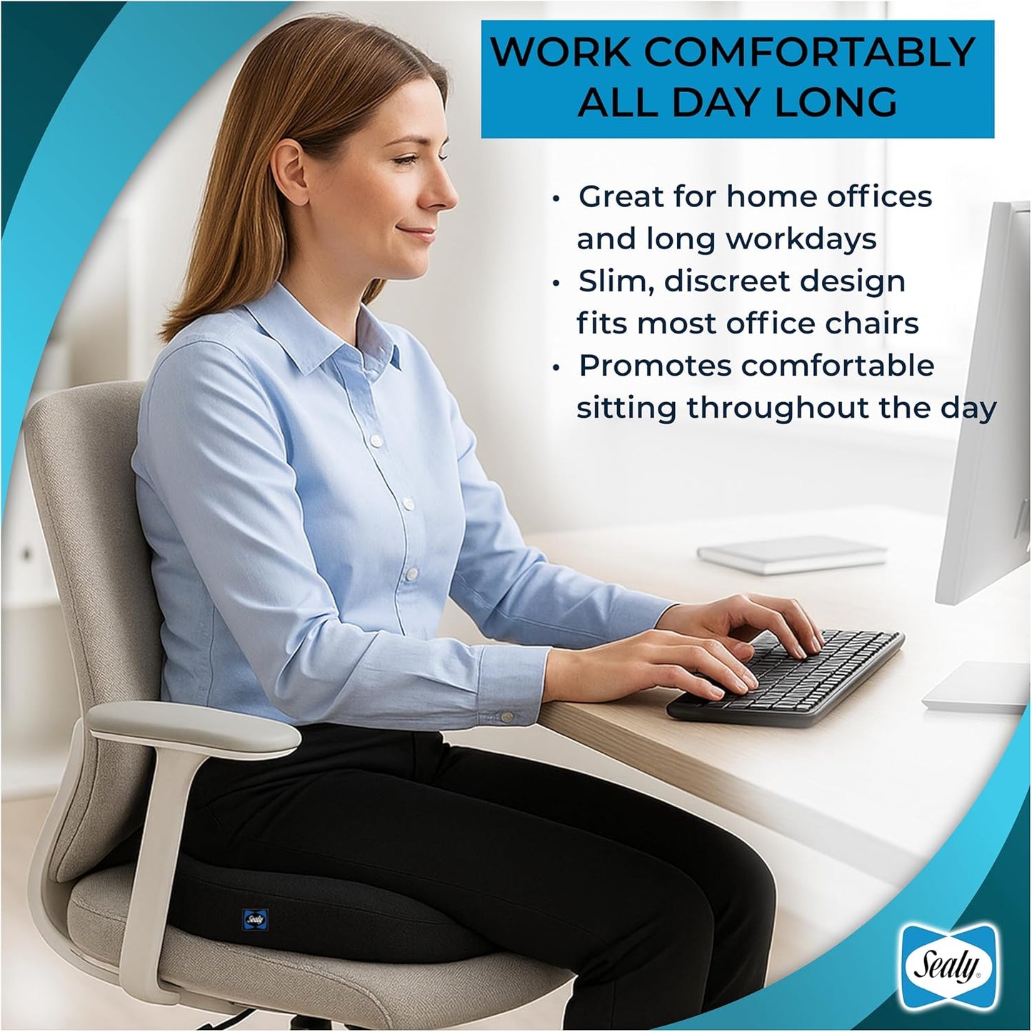 Sealy Memory Foam Car Seat Cushion – Gel Seat Cushions for Office Chairs, Tailbone Pain Relief Cushion, Cooling Pillow, Slim Fit Car Seat