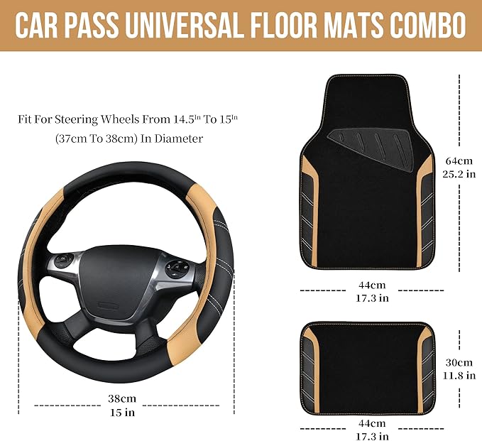 CAR PASS Microfiber Steering Wheel Cover and Waterproof Car Floor Mats,Leather Universal Car Combo Fit for 95% Truck,SUV,Cars,14.5-15inch Sporty Anti-Slip Safety Comfortable Design(Black and Beige)