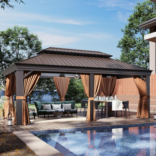 Aoxun 12' X 20' Permanent Hardtop Gazebo Aluminum Gazebo with Galvanized Steel Double Roof for Patio Lawn and Garden, Curtains and Netting Included, Brown