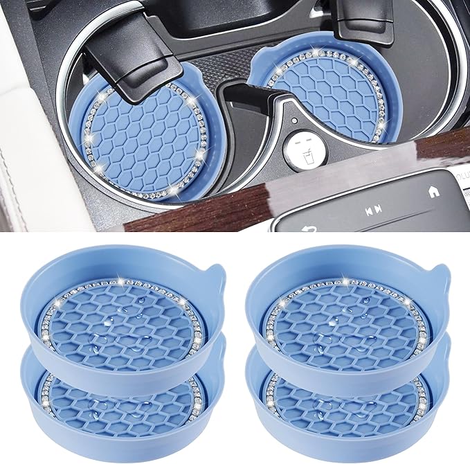 Amooca Car Cup Coaster Universal Non-Slip Cup Holders Bling Crystal Rhinestone Car Interior Accessories 4 Pack Gray Blue
