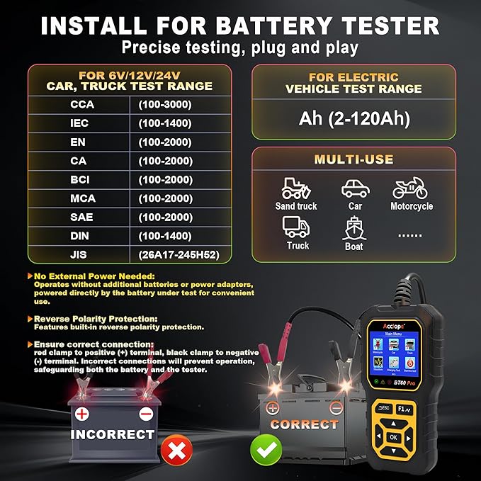 BT60 Pro Car Battery Tester, Digital Analyzer with Cloud Printing, 100-3000 CCA Range for 6V/12V/24V AGM, Lithium, Gel Batteries, Automotive Charging System