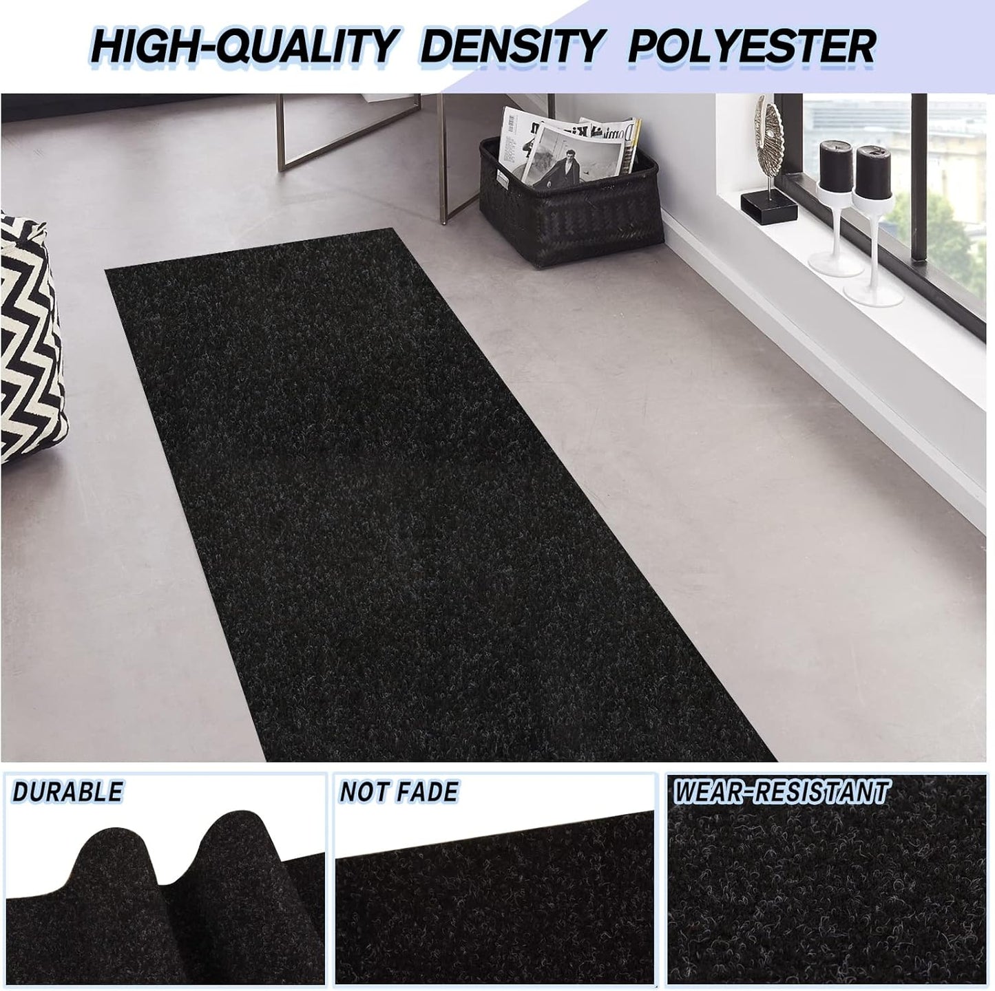 Custom Size Backed Non-Slip Area Rugs Runner, Easy Clean, Waterproof Runner Rugs for Hallway Entryway, Kitchen, Laundry, 4FT x 63FT, Black