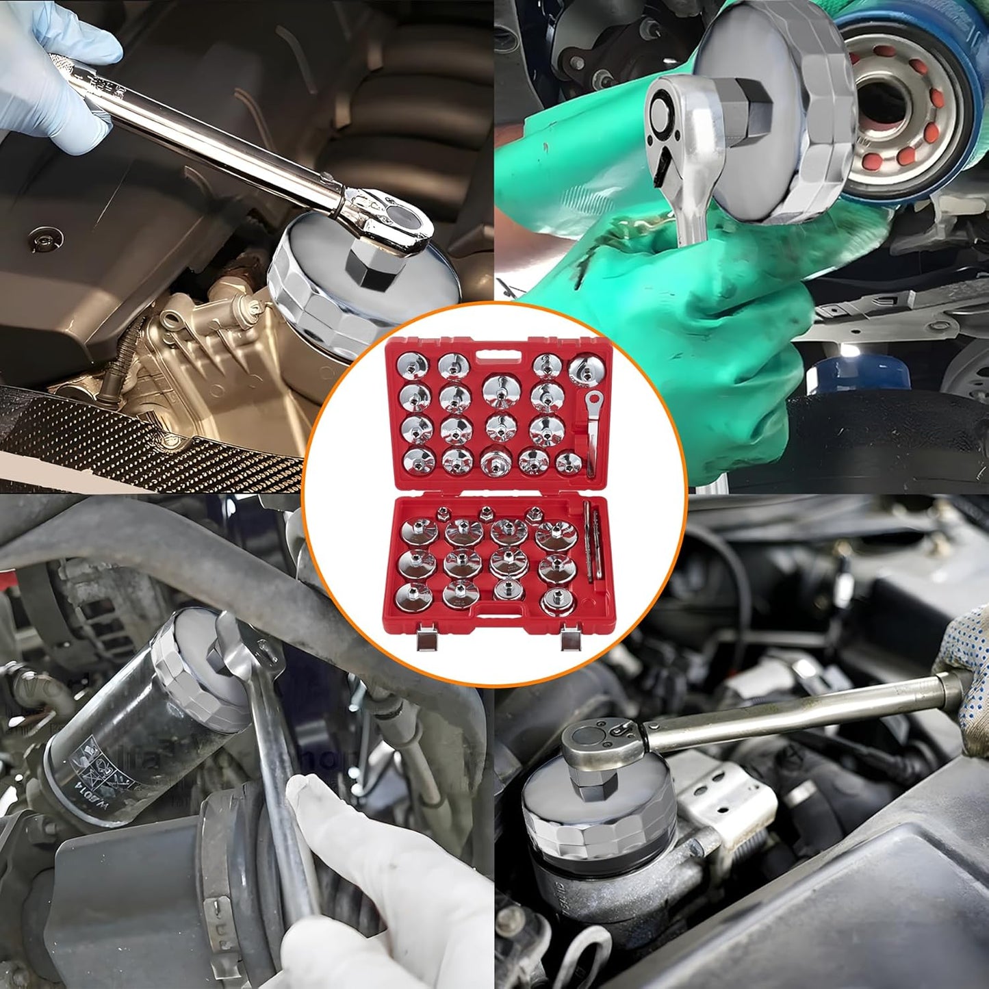 Auto Oil Filter Socket Wrench Set, Cup Type 1/2 inch Drive Cap Removal Tool, with Drain Plug Socket Set/Adjustable/Drive, Compatible, all Models Car, SUV, Oil Filter (35, RED)