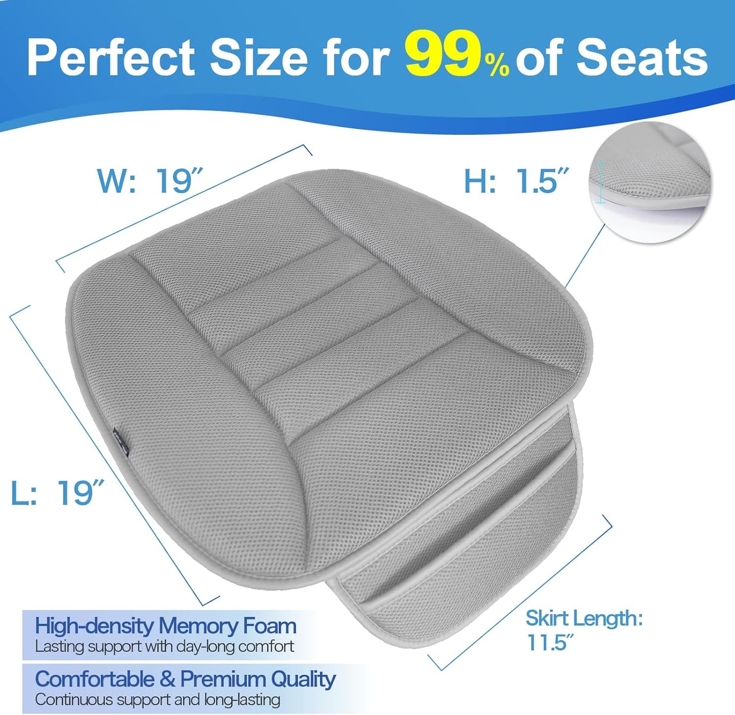 Car Seat Cushion, Driver Cushion with Comfort Memory Foam & Non-Slip Rubber Bottom, Car Seat Pad Works with 95% of Vehicles and Office Chair or Home - 4D Dark Grey