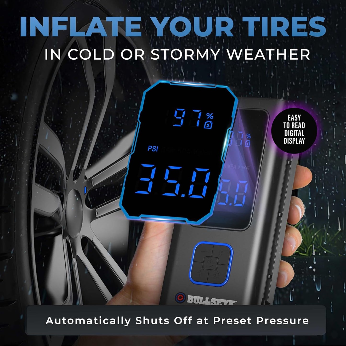 POCKET AIR PRO Tire Inflator Portable Air Compressor by Bullseye Pro for Tires, Balls, Bike with Persta Valve, Auto Shut Off, Inflates in 2 Min, Cordless Rechargeable 6000MAH,150 PSI, SoS Light