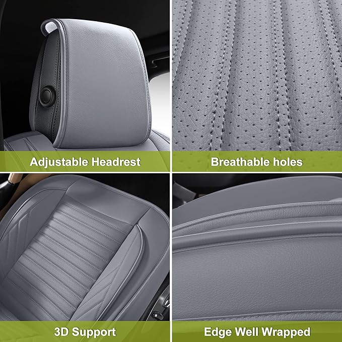 AOOG Leather Car Seat Covers, Leatherette Automotive Seat Covers for Cars SUV Pick-up Truck, Non-Slip Vehicle Car Seat Covers Universal Fit Set for Auto Interior Accessories, Front Pair, Gray