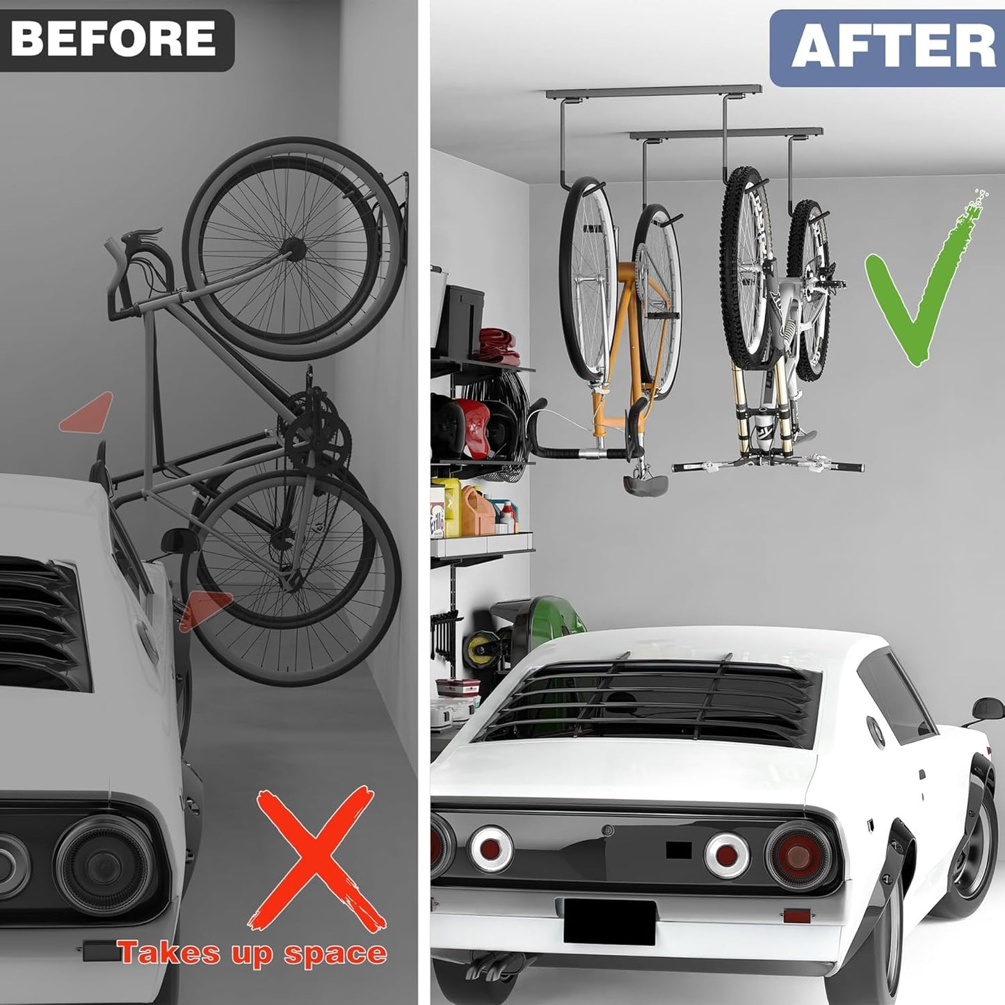 WALMANN Ceiling Mounted Bike Rack for Garage, Space-Saving Ceiling Bike Storage for 2 Bikes(Horizontally)/4 Bikes(Vertically), Adjustable Bike Hooks for Road Mountain Bikes