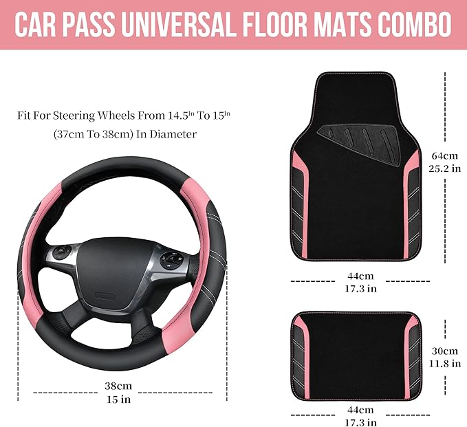CAR PASS Microfiber Steering Wheel Cover and Waterproof Car Floor Mats,Leather Universal Car Combo Fit for 95% Truck,SUV,Cars,14.5-15inch Sporty Anti-Slip Safety Comfortable Design(Black and Pink)