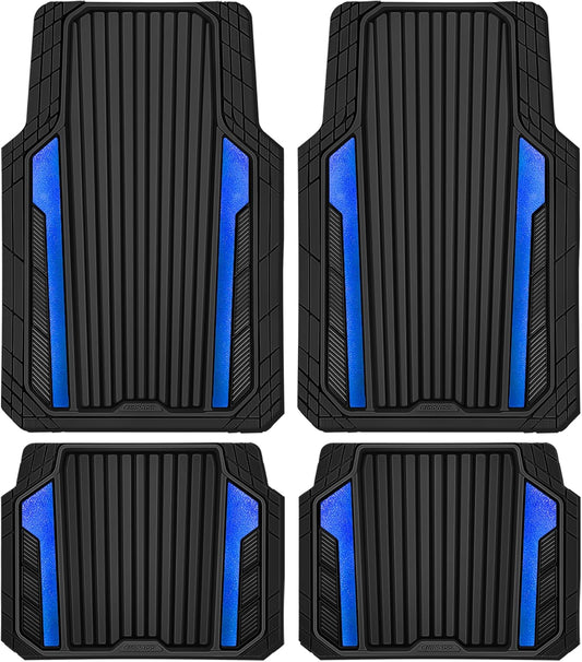 CAR PASS Heavy Duty Rubber Car Mats Metallic,Aluminum Film All Weather Floor Mats Waterproof Universal Trim to Fit Automotive SUV Sedan Van 4 Piece Anodized Deep Dish Two-Tone Sporty Black Blue Chrome