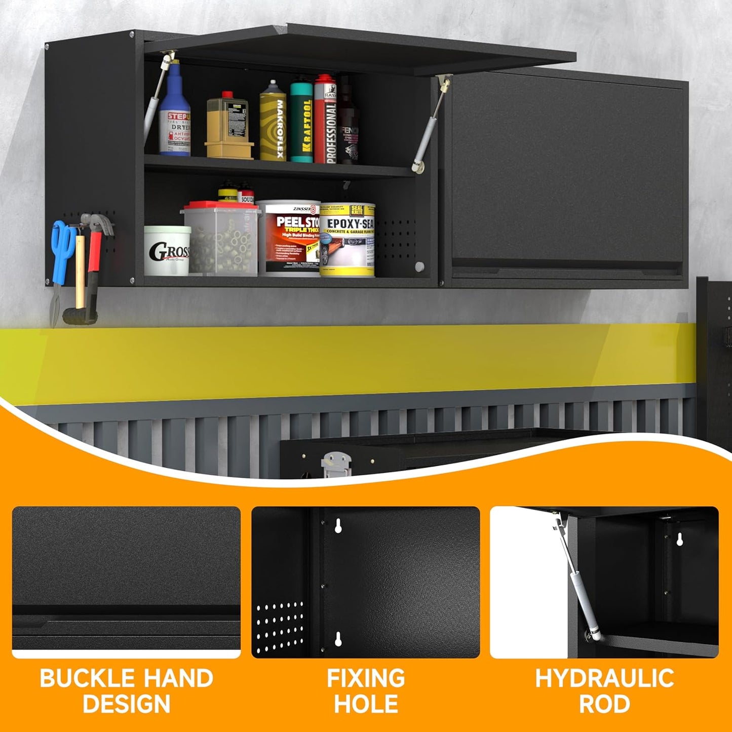 Metal Wall Cabinet with Up-flip Door,Metal Wall Storage Cabinet with Adjustable Shelf,Wall Mounted Tool Cabinets with Pegboard for Garage,Basement,Home Office, Kitchen,Warehouse-Black