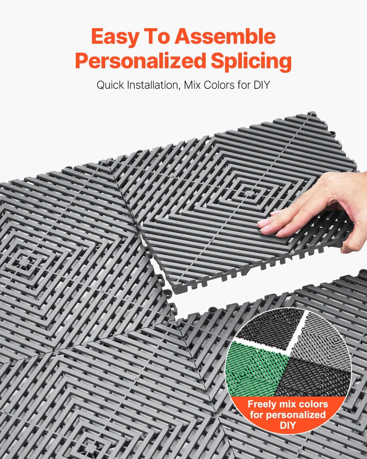 VEVOR Interlocking Drainage Mat, 12” x 12” Modular Interlocking Cushion, 12 Pcs Splicing Drainage Mats, Non-Slip Gray PP Drainage Floor Tile and Shower Mat, for Garage, Garden, Kitchen & Outdoor