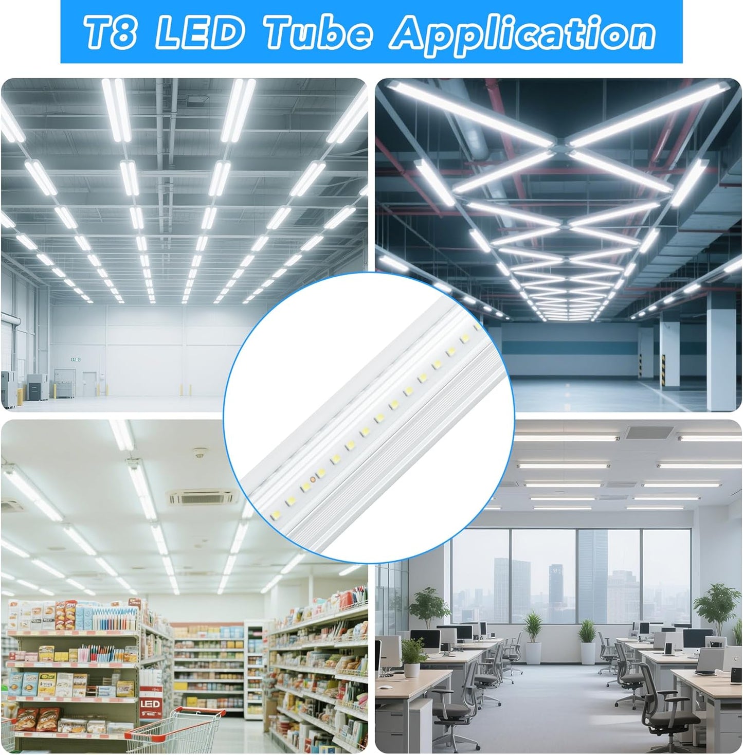 10 Pack 8FT T8 LED Shop Lights, 100W Integrated Tube Light, 19200LM 6000-6500K Daylight, Linkable Lighting, Plug & Play Energy-Saving Commercial Bay Lighting Garage Warehouse Basement (V2)