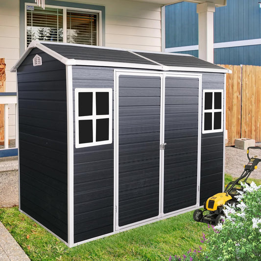 8x4 FT Outdoor Storage Shed, Resin Garden Shed with Thick Floor, Plastic Storage Shed with 2 Windows, Waterproof Outside Tool Shed with Lockable Hinged Doors for Backyard, Patio, Lawn, Black