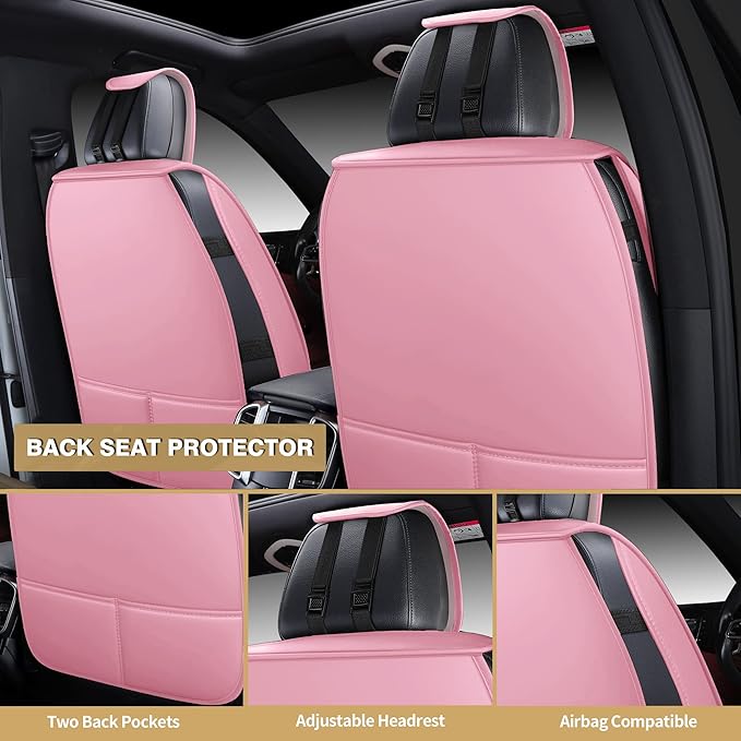 AOOG Pink Leather Car Seat Covers, Leatherette Automotive Seat Cover for Cars SUV Pick-up Truck, Universal Non-Slip Car Seat Cover Waterproof Protectors Interior Accessories, Full Set Pink